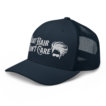 A Boat Hair, Don't Care - Trucker Style Fishing Cap with white mesh backing featuring the embroidered text "Boat Hair Don't Care" alongside a stylized illustration of hair blowing in the wind and a pair of sunglasses, making it the perfect fishing cap for your next adventure.