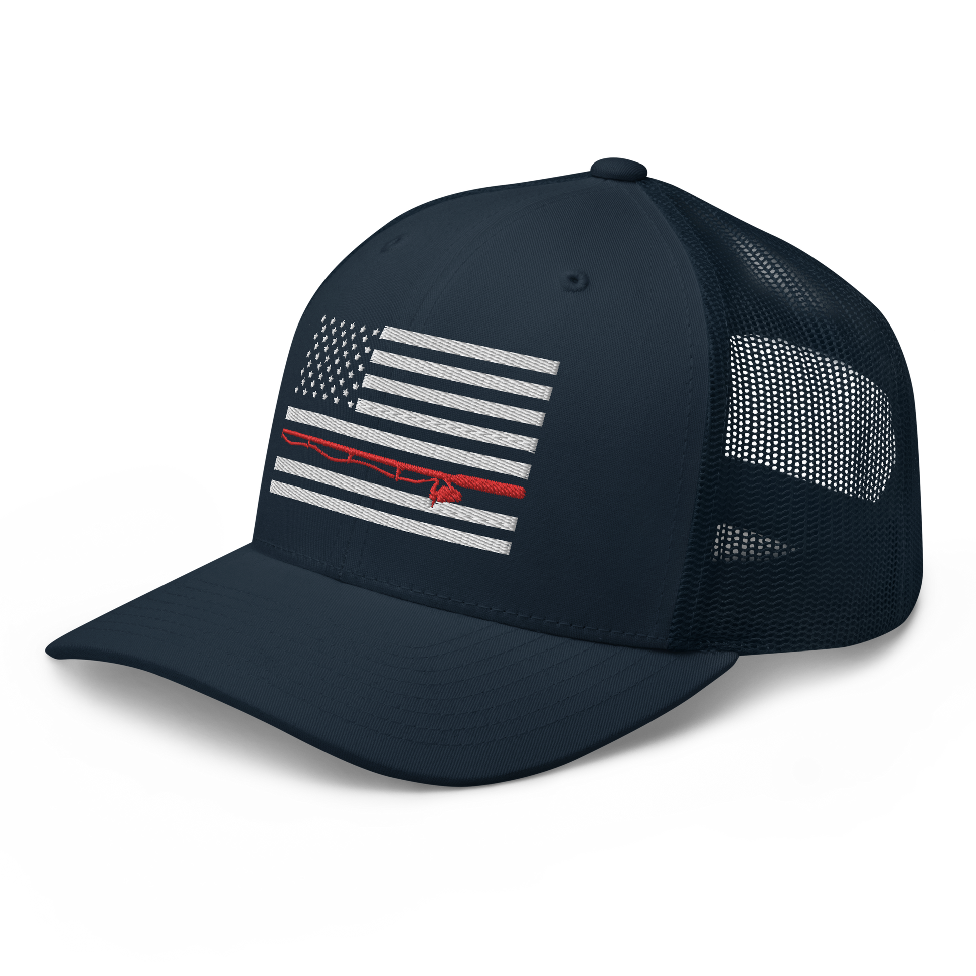 A black Fishing Flag Trucker Cap with an embroidered design of the American flag in white and gray. One of the horizontal stripes is red and features a silhouette of a bass fish. The flag design is centered on the front panel of this fishing enthusiasts hat.