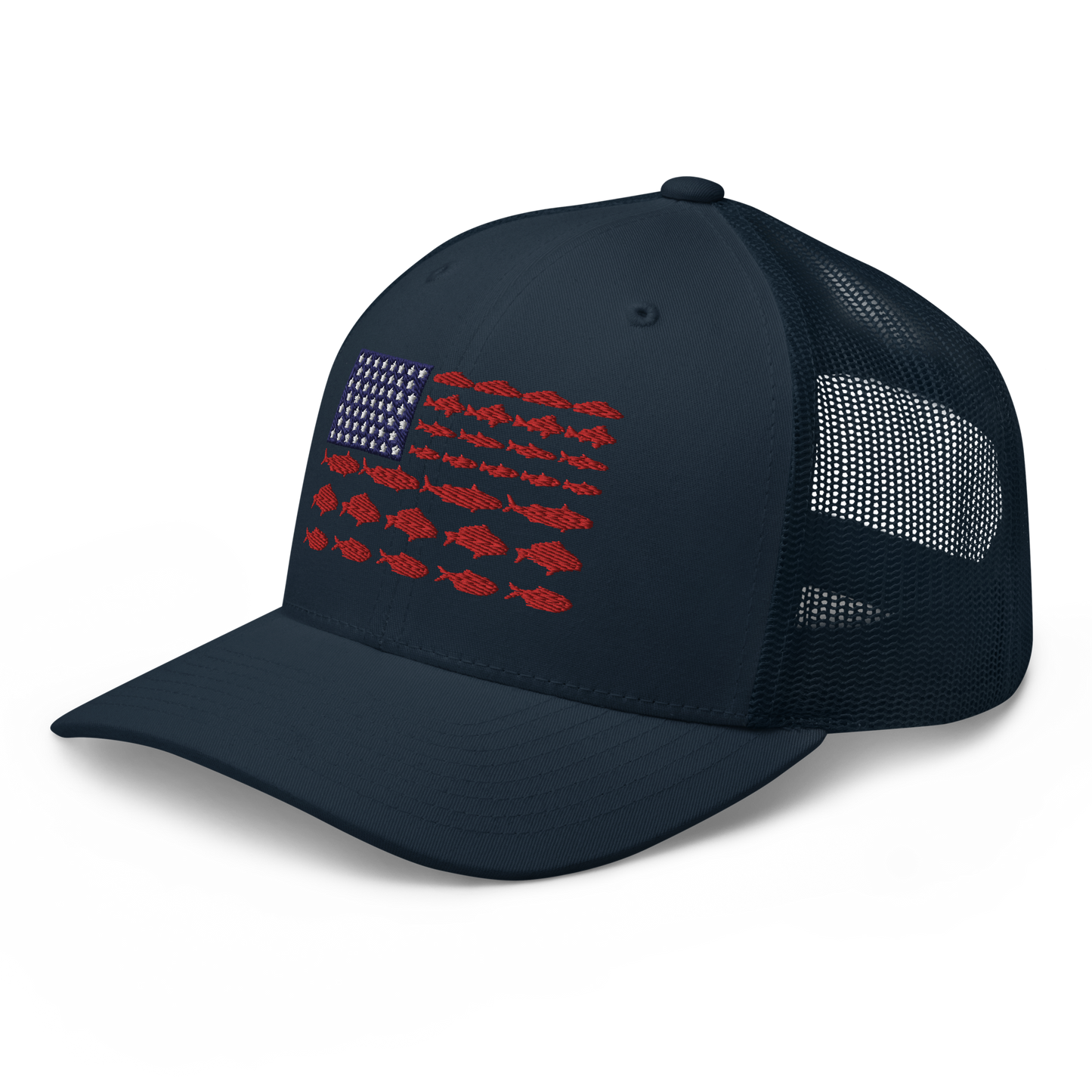 This Fishy Flag Trucker Cap is a black baseball cap featuring an American flag design made up of fish. The blue and white stars section is in the top left, while the red stripes are composed of small fish silhouettes, making it perfect for fishing enthusiasts.