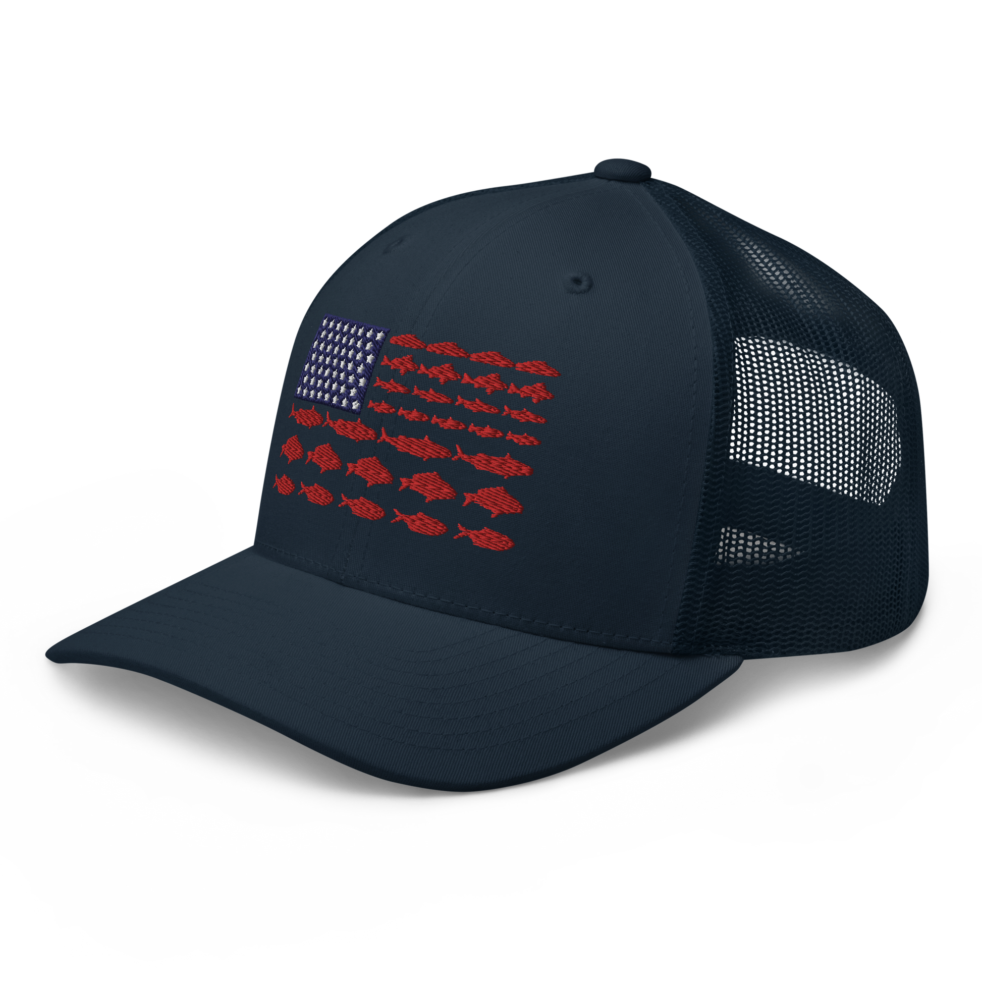 This Fishy Flag Trucker Cap is a black baseball cap featuring an American flag design made up of fish. The blue and white stars section is in the top left, while the red stripes are composed of small fish silhouettes, making it perfect for fishing enthusiasts.