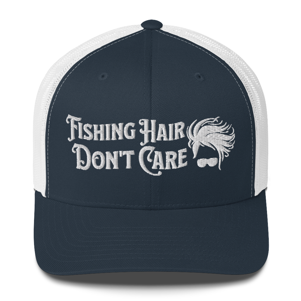 A black and white Fishing Hair, Don't Care - Trucker Style Fishing Cap with a curved brim and mesh back. The front of the cap features the embroidered text "Fishing Hair Don't Care" in white thread next to an image of stylized windblown hair and stylish sunglasses, perfect for fishing enthusiasts.