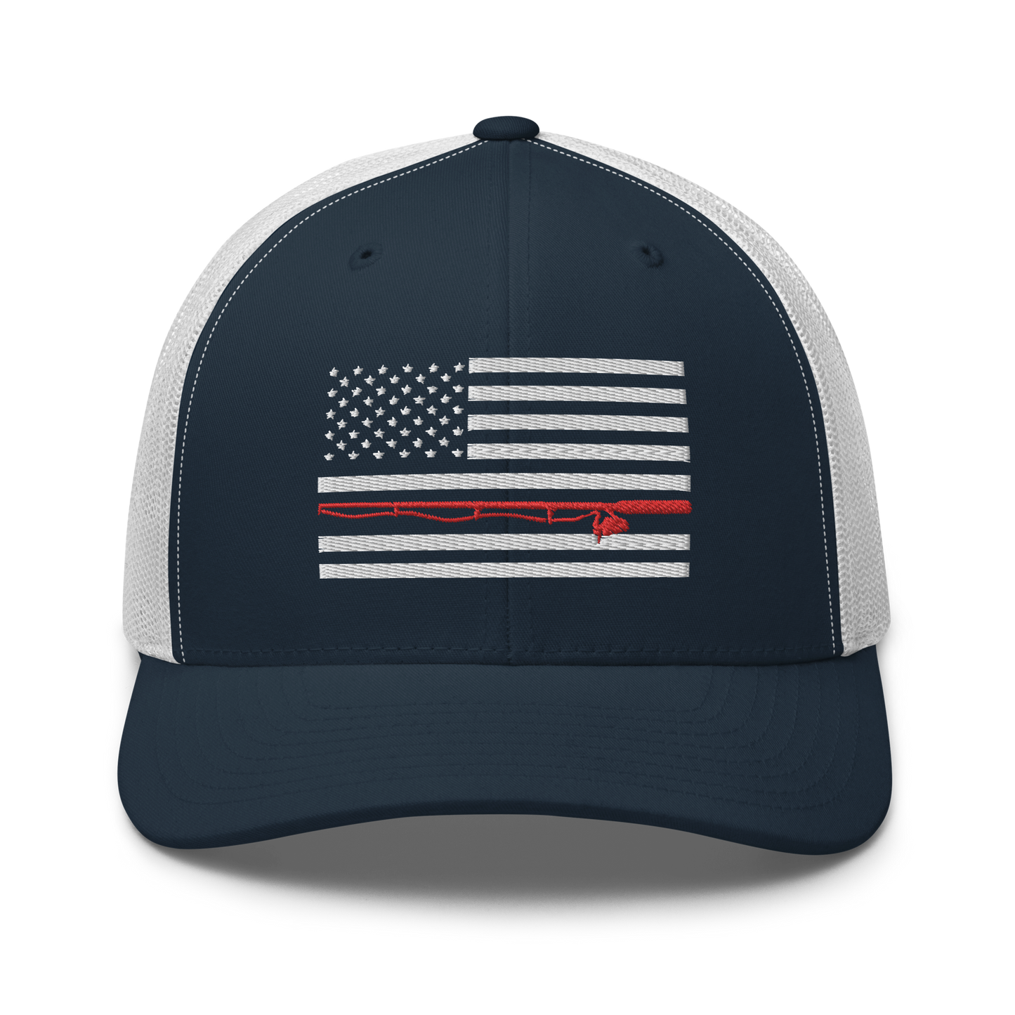 A black Fishing Flag Trucker Cap with an embroidered design of the American flag in white and gray. One of the horizontal stripes is red and features a silhouette of a bass fish. The flag design is centered on the front panel of this fishing enthusiasts hat.