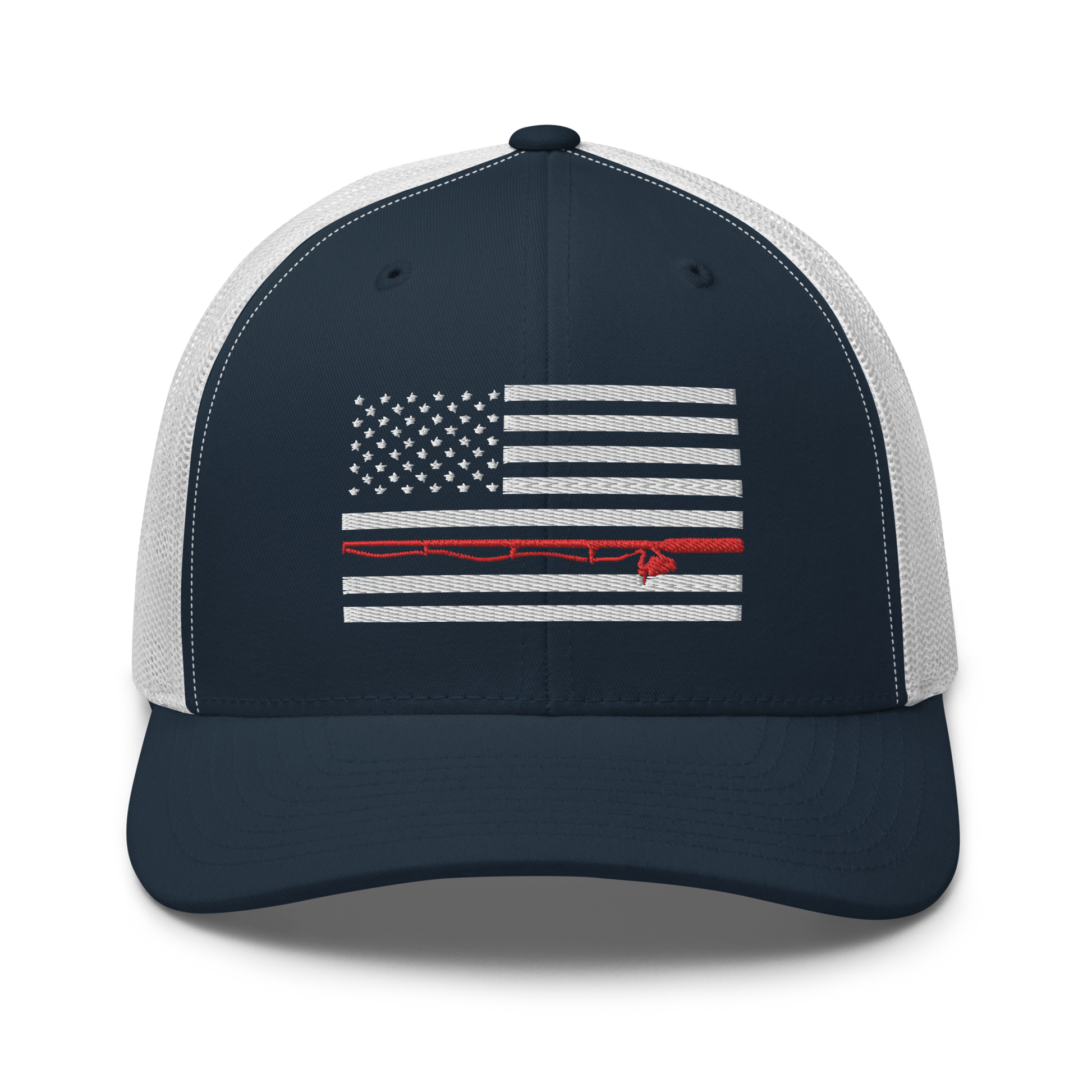 A black Fishing Flag Trucker Cap with an embroidered design of the American flag in white and gray. One of the horizontal stripes is red and features a silhouette of a bass fish. The flag design is centered on the front panel of this fishing enthusiasts hat.