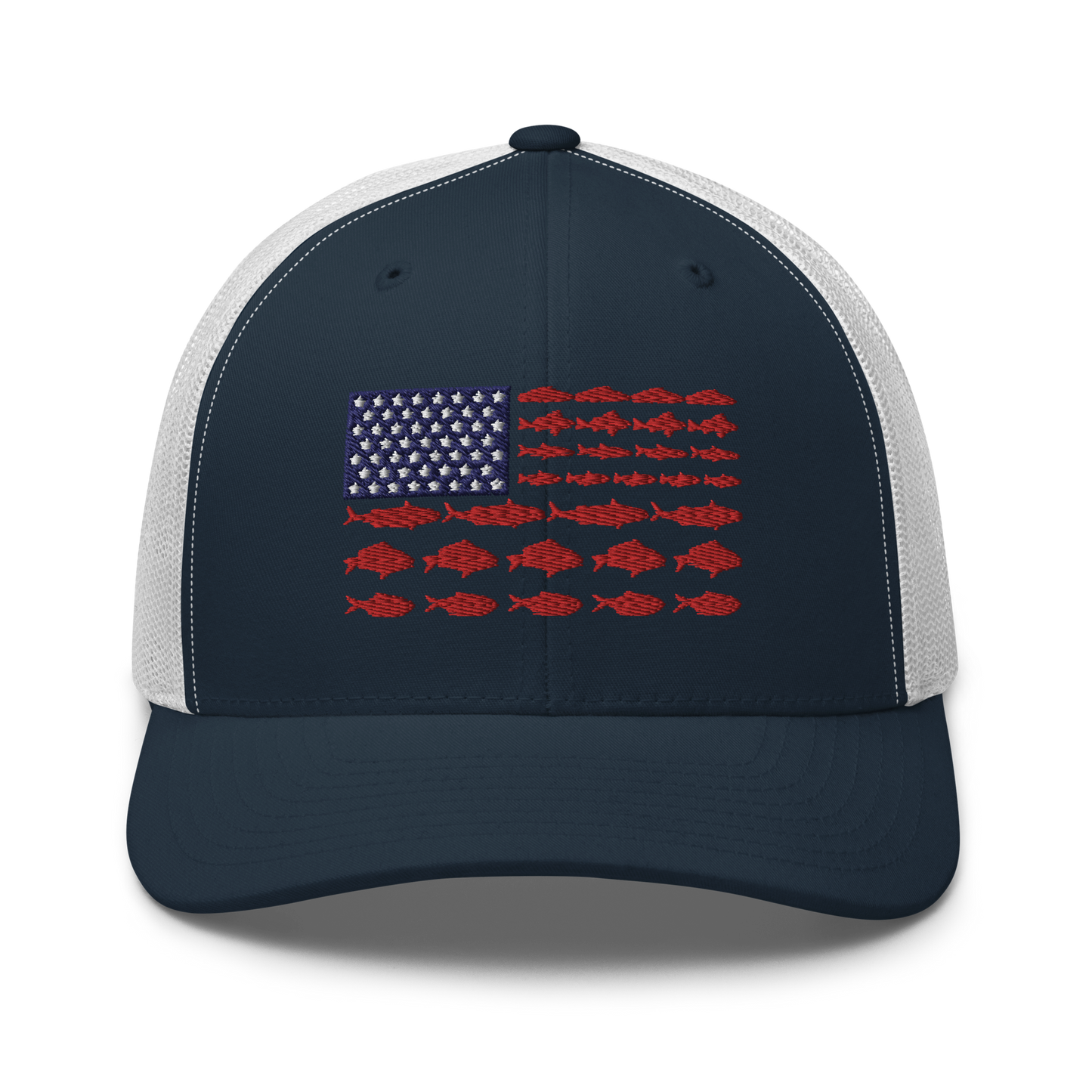 This Fishy Flag Trucker Cap is a black baseball cap featuring an American flag design made up of fish. The blue and white stars section is in the top left, while the red stripes are composed of small fish silhouettes, making it perfect for fishing enthusiasts.