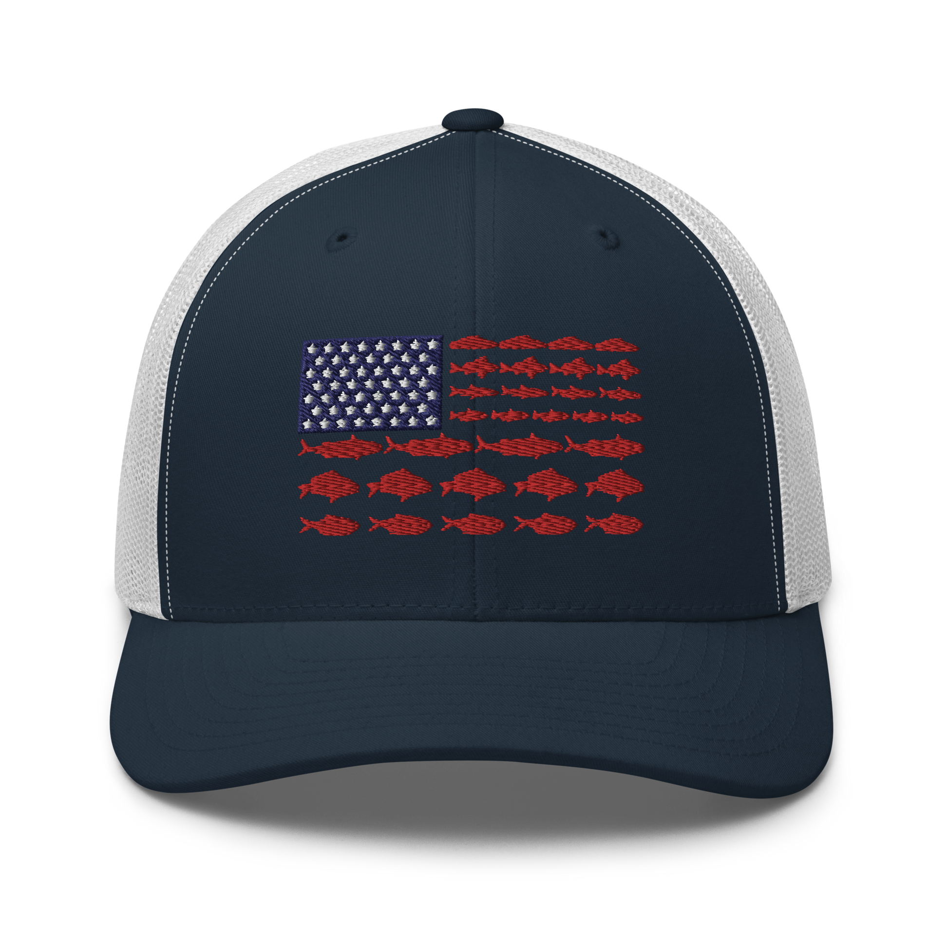 This Fishy Flag Trucker Cap is a black baseball cap featuring an American flag design made up of fish. The blue and white stars section is in the top left, while the red stripes are composed of small fish silhouettes, making it perfect for fishing enthusiasts.