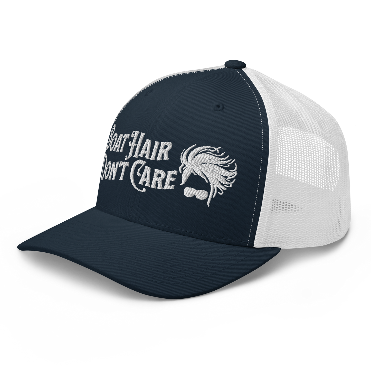 A Boat Hair, Don't Care - Trucker Style Fishing Cap with white mesh backing featuring the embroidered text "Boat Hair Don't Care" alongside a stylized illustration of hair blowing in the wind and a pair of sunglasses, making it the perfect fishing cap for your next adventure.