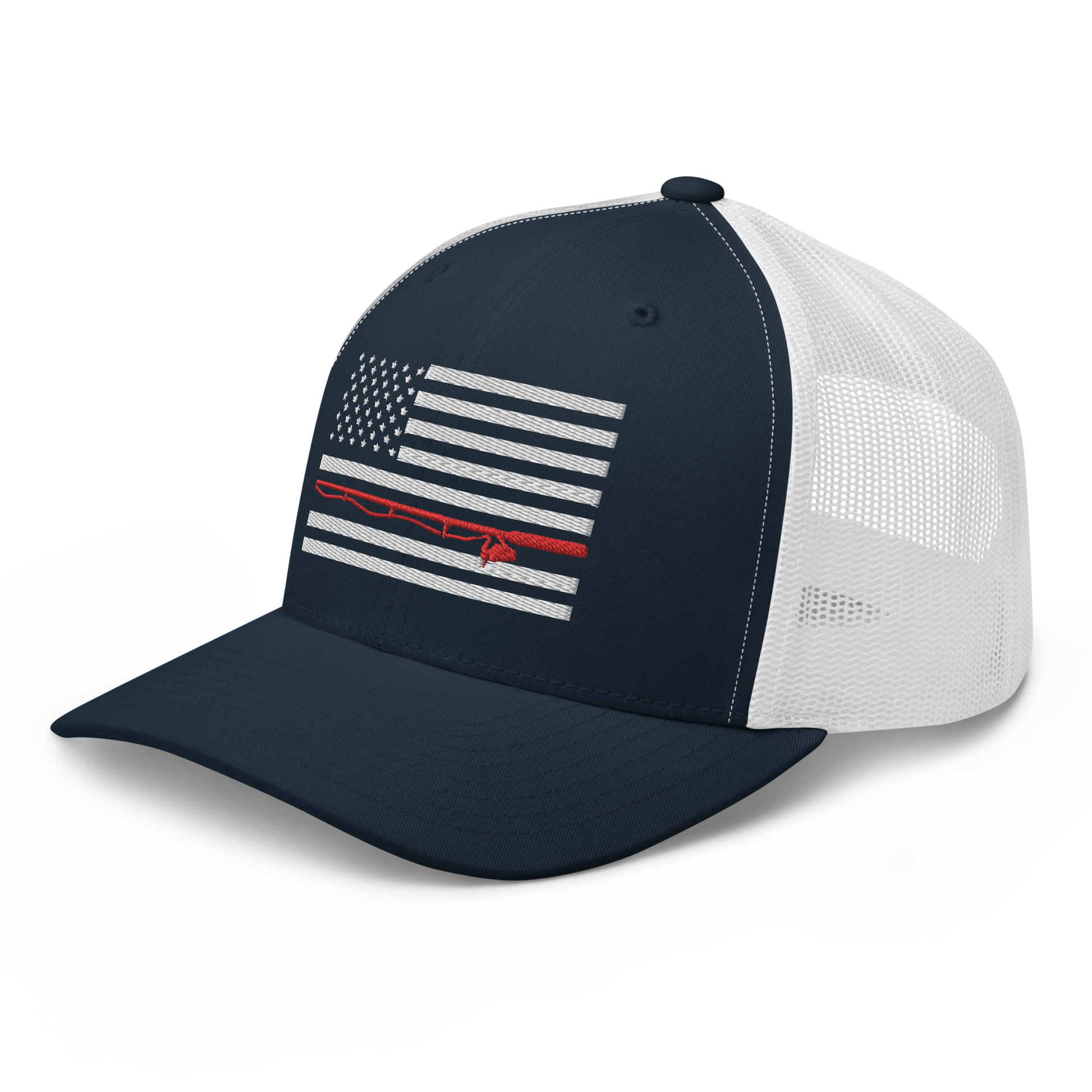 A black Fishing Flag Trucker Cap with an embroidered design of the American flag in white and gray. One of the horizontal stripes is red and features a silhouette of a bass fish. The flag design is centered on the front panel of this fishing enthusiasts hat.