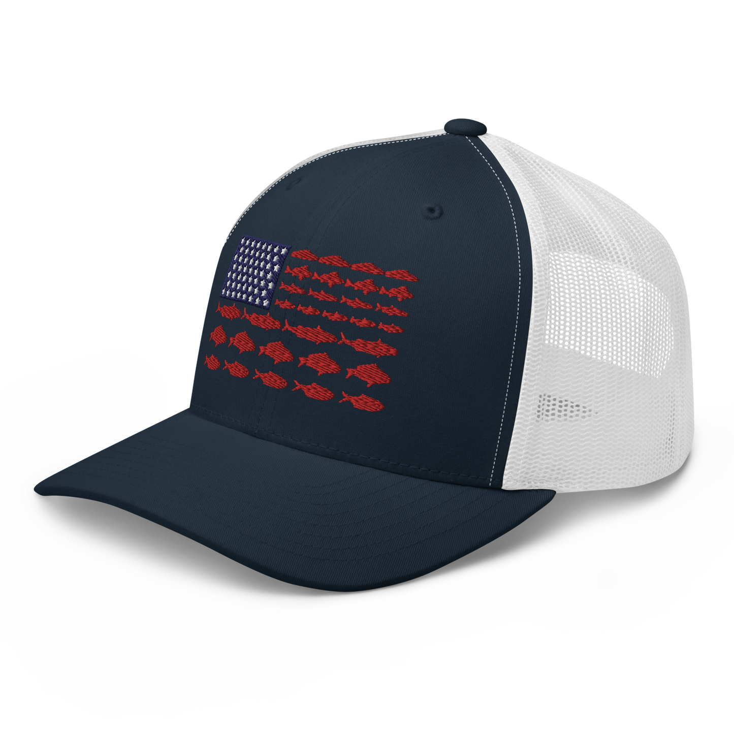 This Fishy Flag Trucker Cap is a black baseball cap featuring an American flag design made up of fish. The blue and white stars section is in the top left, while the red stripes are composed of small fish silhouettes, making it perfect for fishing enthusiasts.