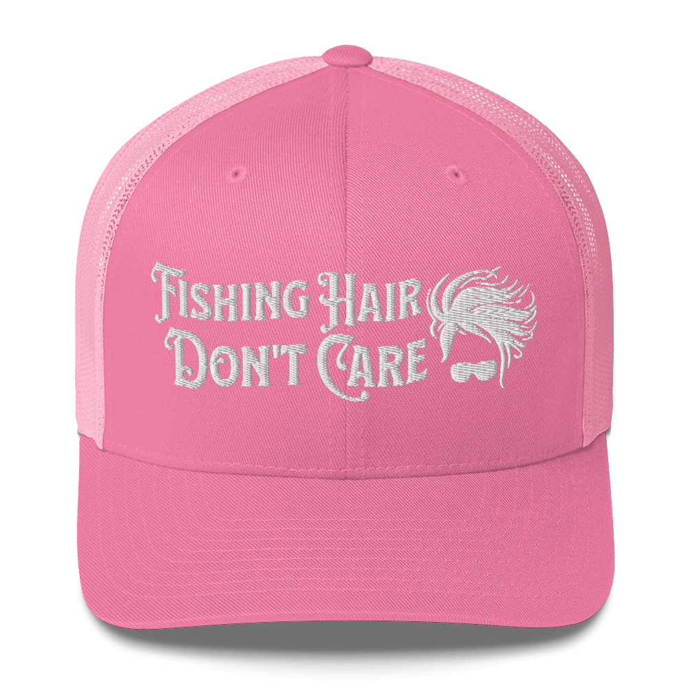 A black and white Fishing Hair, Don't Care - Trucker Style Fishing Cap with a curved brim and mesh back. The front of the cap features the embroidered text "Fishing Hair Don't Care" in white thread next to an image of stylized windblown hair and stylish sunglasses, perfect for fishing enthusiasts.