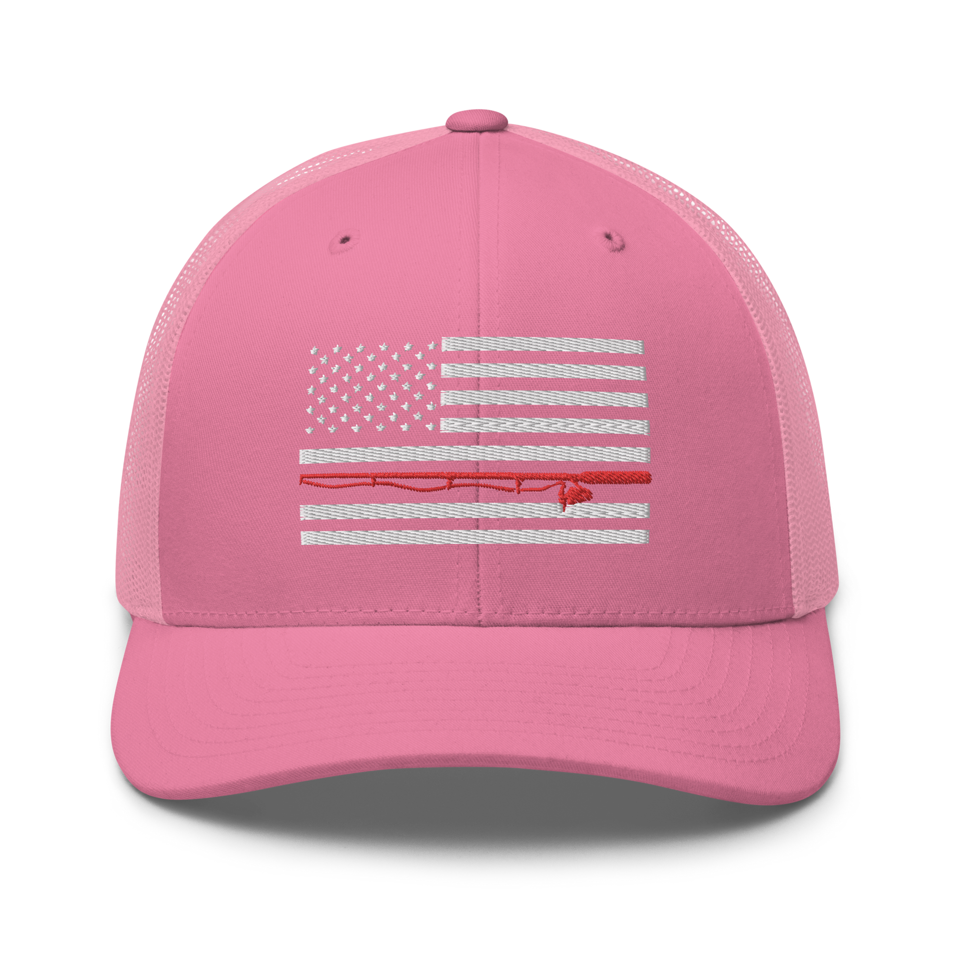 A black Fishing Flag Trucker Cap with an embroidered design of the American flag in white and gray. One of the horizontal stripes is red and features a silhouette of a bass fish. The flag design is centered on the front panel of this fishing enthusiasts hat.