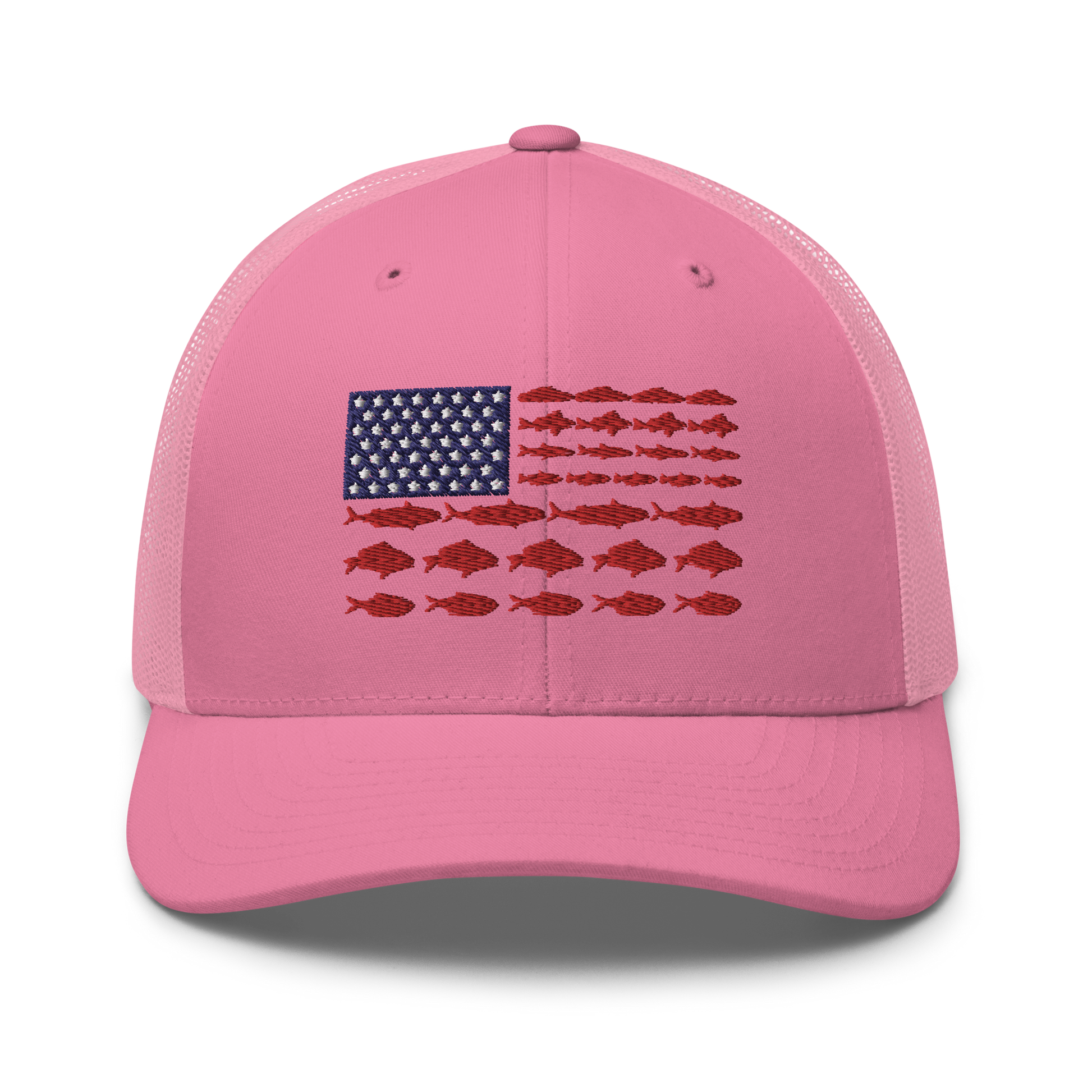 This Fishy Flag Trucker Cap is a black baseball cap featuring an American flag design made up of fish. The blue and white stars section is in the top left, while the red stripes are composed of small fish silhouettes, making it perfect for fishing enthusiasts.