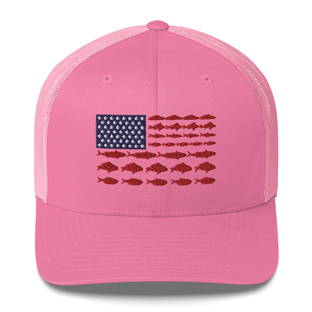 This Fishy Flag Trucker Cap is a black baseball cap featuring an American flag design made up of fish. The blue and white stars section is in the top left, while the red stripes are composed of small fish silhouettes, making it perfect for fishing enthusiasts.