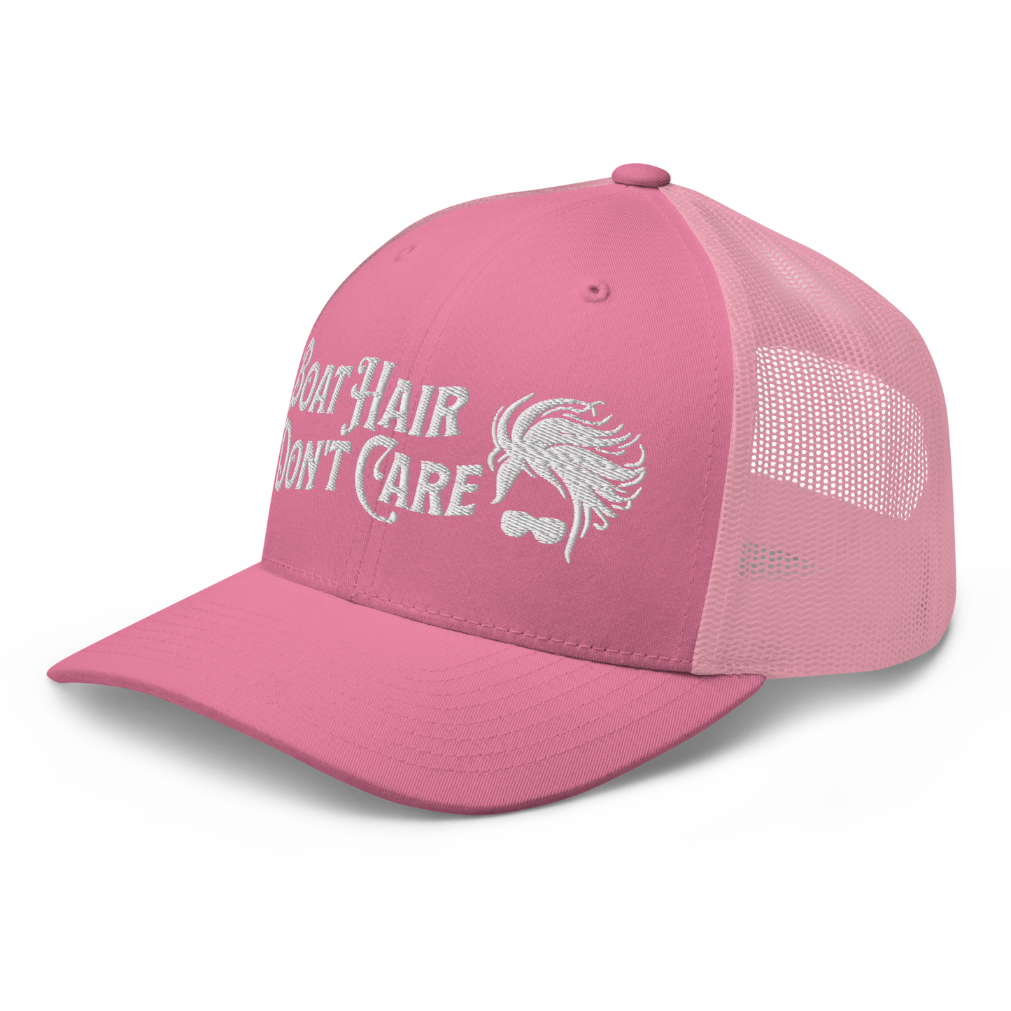 A Boat Hair, Don't Care - Trucker Style Fishing Cap with white mesh backing featuring the embroidered text "Boat Hair Don't Care" alongside a stylized illustration of hair blowing in the wind and a pair of sunglasses, making it the perfect fishing cap for your next adventure.