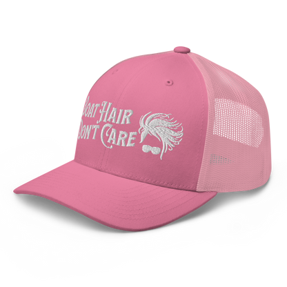 A Boat Hair, Don't Care - Trucker Style Fishing Cap with white mesh backing featuring the embroidered text "Boat Hair Don't Care" alongside a stylized illustration of hair blowing in the wind and a pair of sunglasses, making it the perfect fishing cap for your next adventure.