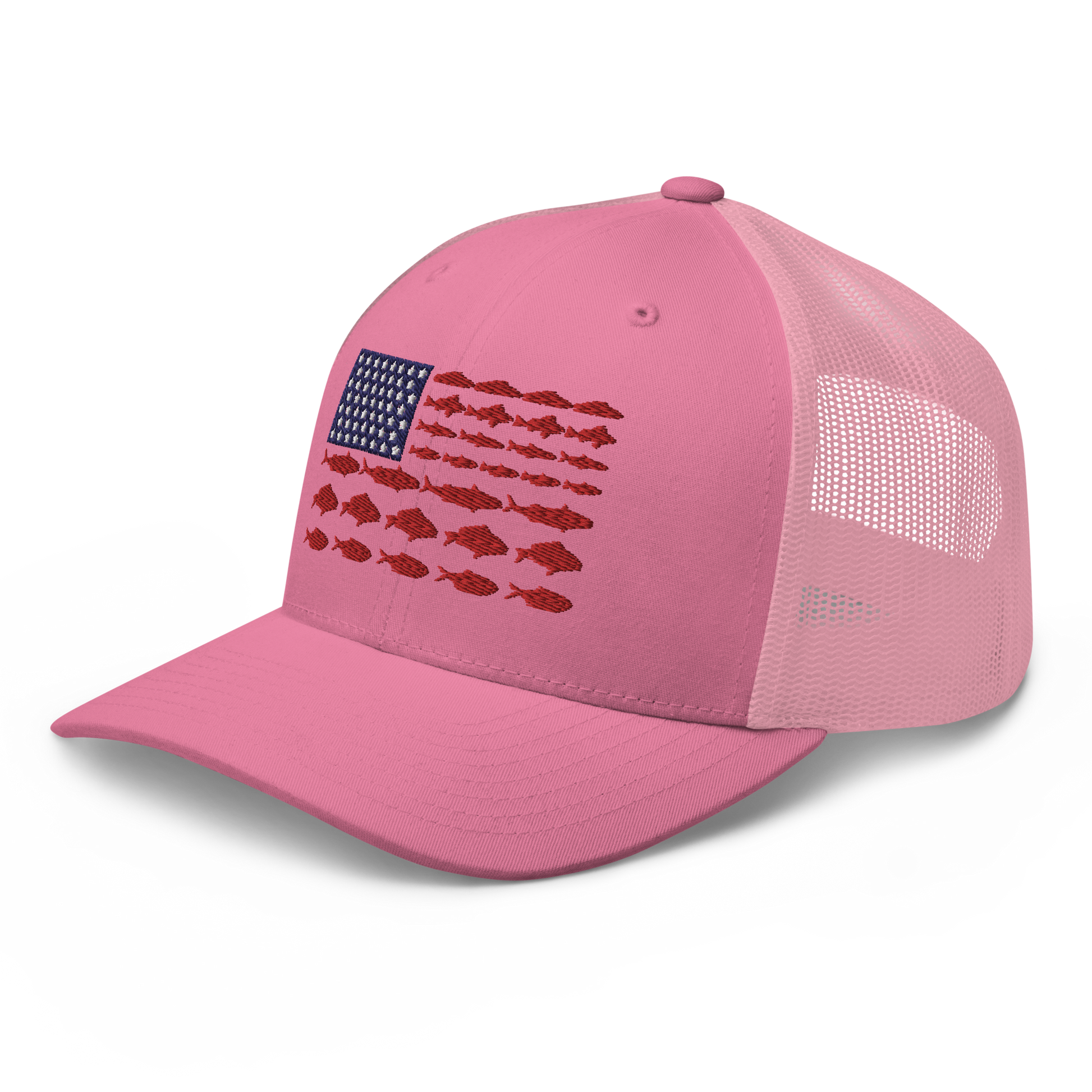 This Fishy Flag Trucker Cap is a black baseball cap featuring an American flag design made up of fish. The blue and white stars section is in the top left, while the red stripes are composed of small fish silhouettes, making it perfect for fishing enthusiasts.