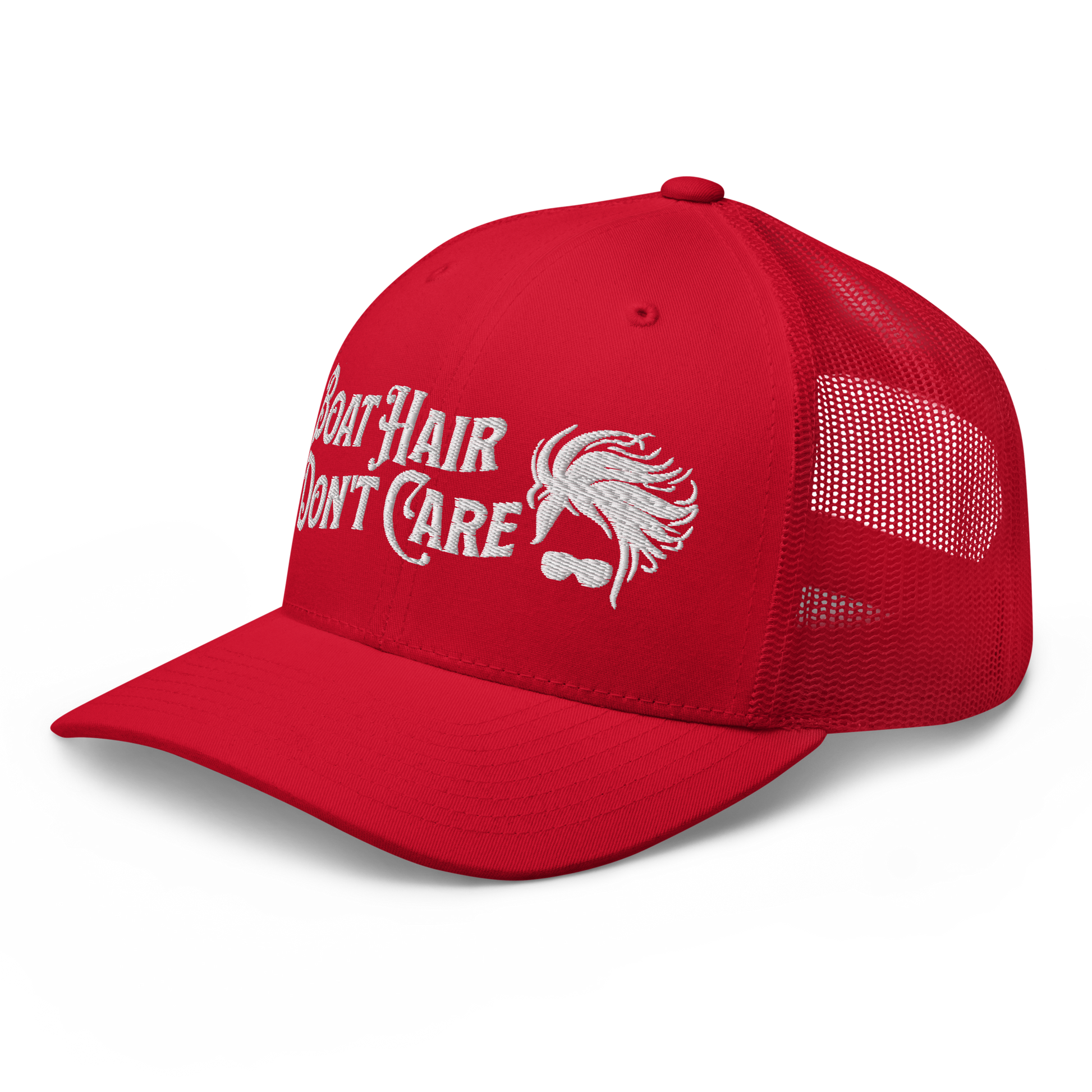 A Boat Hair, Don't Care - Trucker Style Fishing Cap with white mesh backing featuring the embroidered text "Boat Hair Don't Care" alongside a stylized illustration of hair blowing in the wind and a pair of sunglasses, making it the perfect fishing cap for your next adventure.