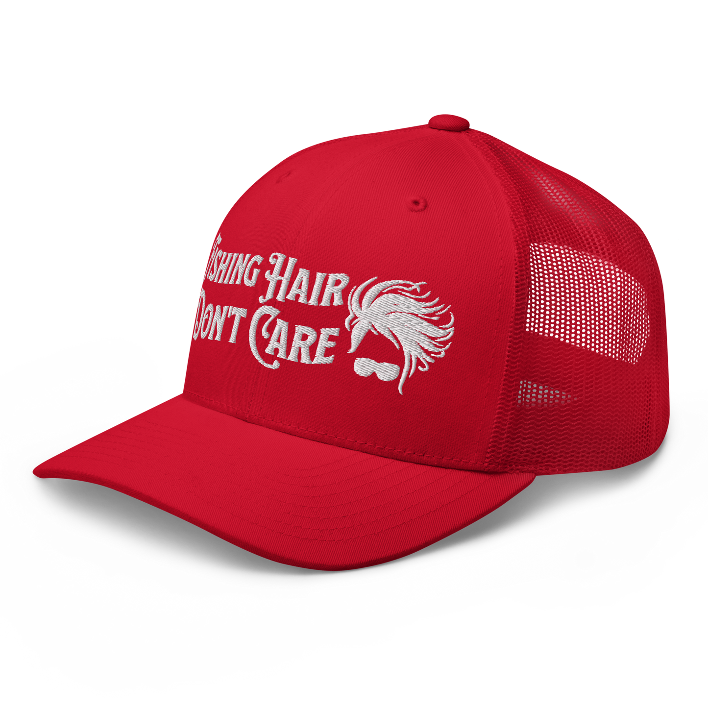 A black and white Fishing Hair, Don't Care - Trucker Style Fishing Cap with a curved brim and mesh back. The front of the cap features the embroidered text "Fishing Hair Don't Care" in white thread next to an image of stylized windblown hair and stylish sunglasses, perfect for fishing enthusiasts.