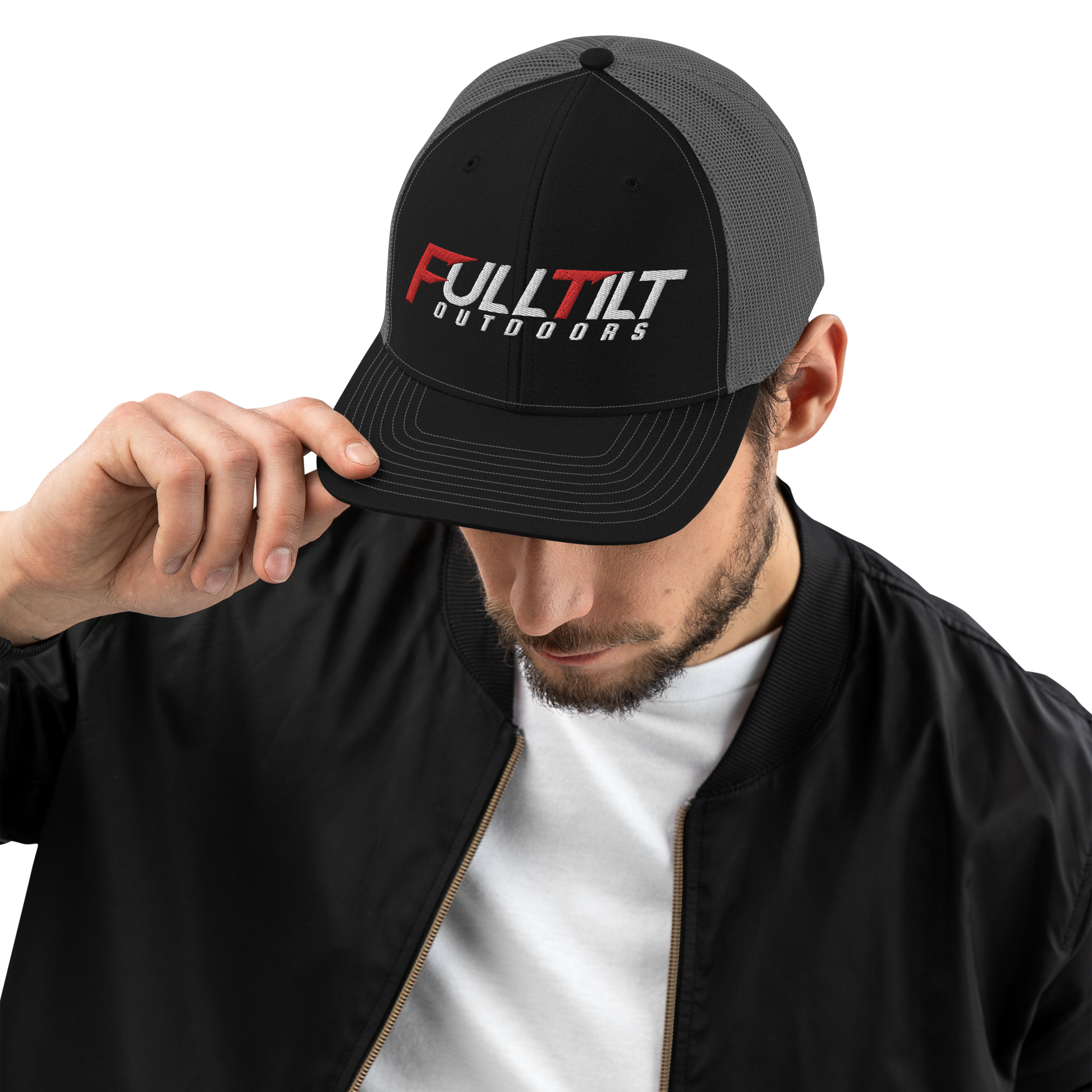 A black and gray Full Tilt Outdoors - Richardson 112 - Trucker Cap with the logo "fulltilt outdoors" in bold red and white lettering on the front, featuring an adjustable snapback.