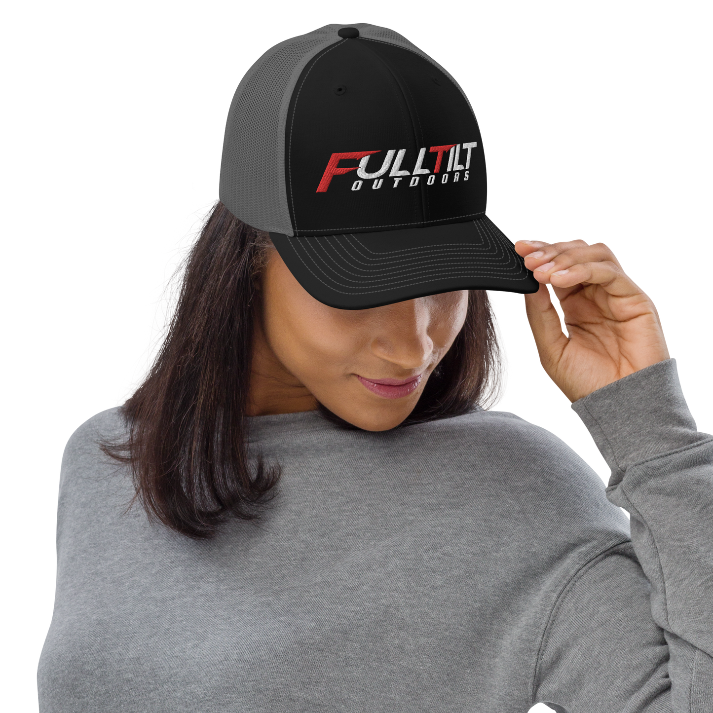 A black and gray Full Tilt Outdoors - Richardson 112 - Trucker Cap with the logo "fulltilt outdoors" in bold red and white lettering on the front, featuring an adjustable snapback.