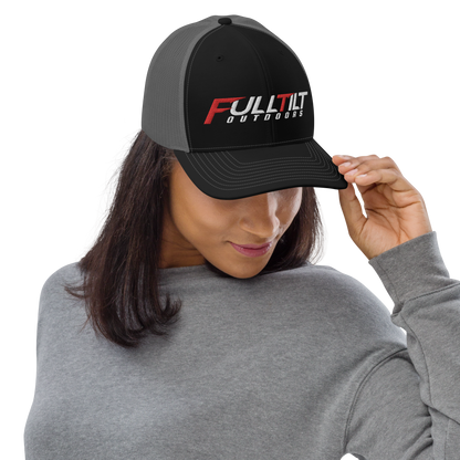 A black and gray Full Tilt Outdoors - Richardson 112 - Trucker Cap with the logo "fulltilt outdoors" in bold red and white lettering on the front, featuring an adjustable snapback.