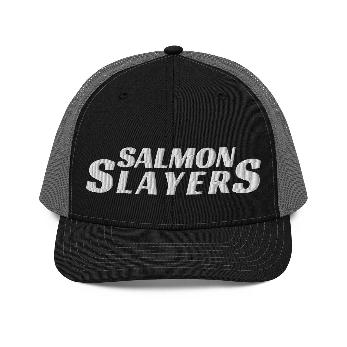 A black and gray mesh Salmon Slayers - Richardson 112 - trucker cap with the words "salmon slayers" embroidered in bold, white letters across the front.