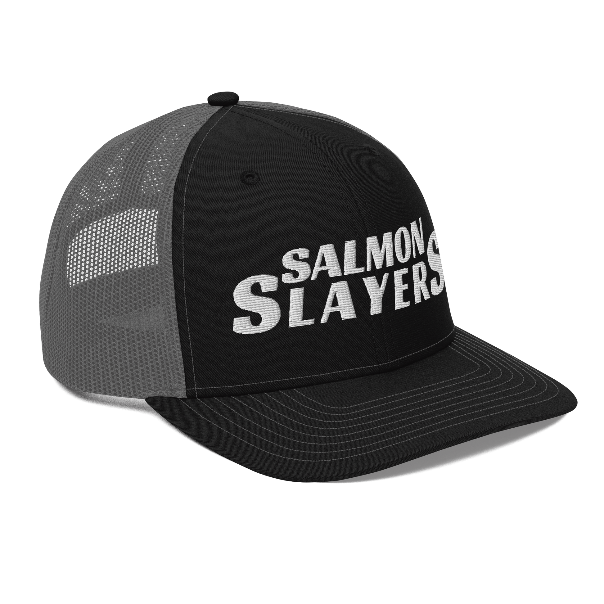 A black and gray mesh Salmon Slayers - Richardson 112 - trucker cap with the words "salmon slayers" embroidered in bold, white letters across the front.