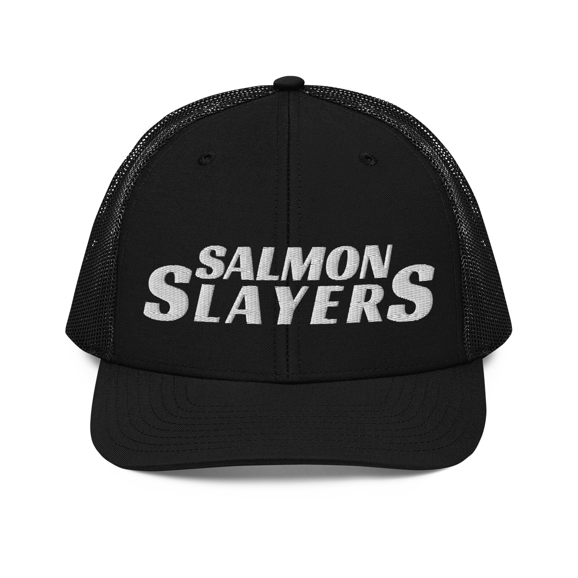 A black and gray mesh Salmon Slayers - Richardson 112 - trucker cap with the words "salmon slayers" embroidered in bold, white letters across the front.