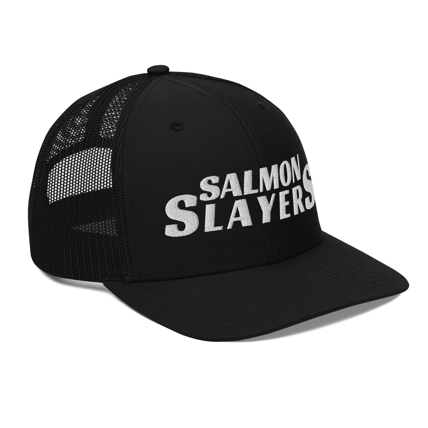 A black and gray mesh Salmon Slayers - Richardson 112 - trucker cap with the words "salmon slayers" embroidered in bold, white letters across the front.