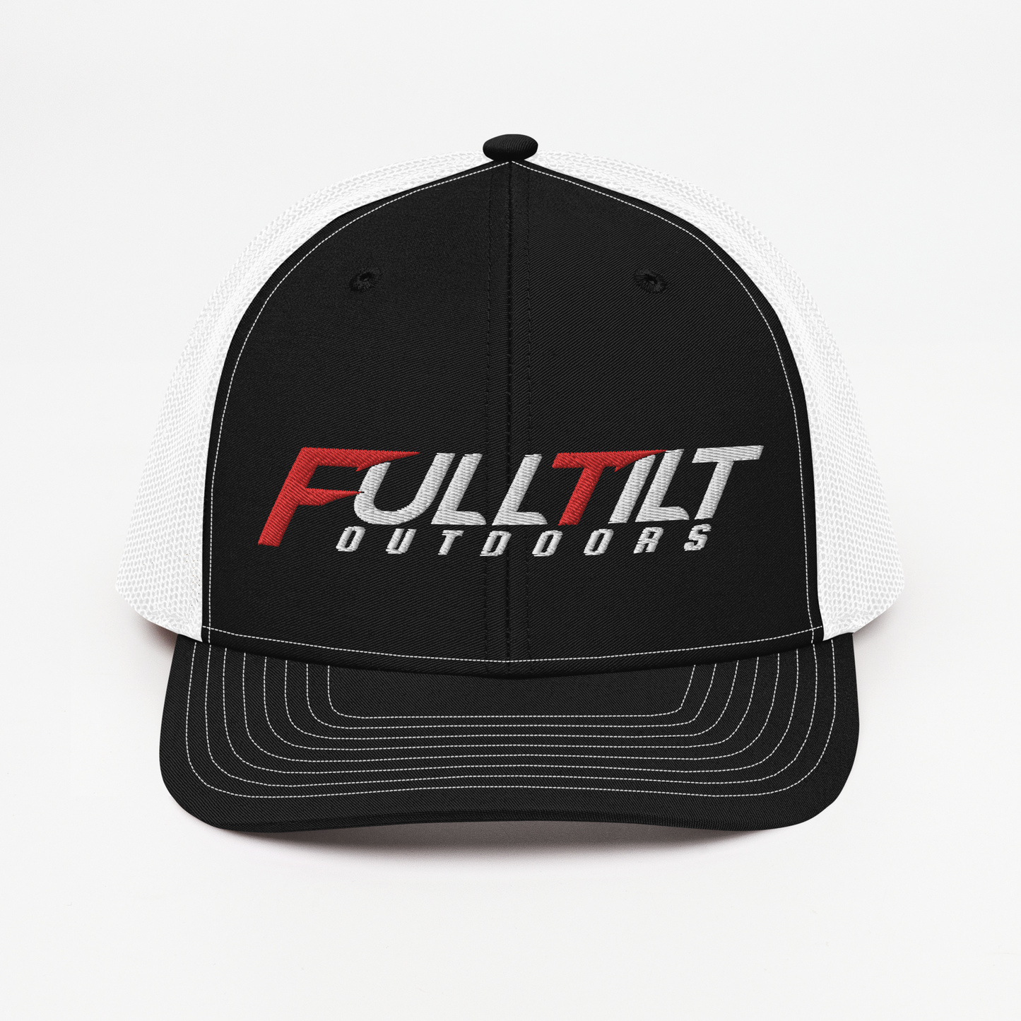 A black and gray Full Tilt Outdoors - Richardson 112 - Trucker Cap with the logo "fulltilt outdoors" in bold red and white lettering on the front, featuring an adjustable snapback.