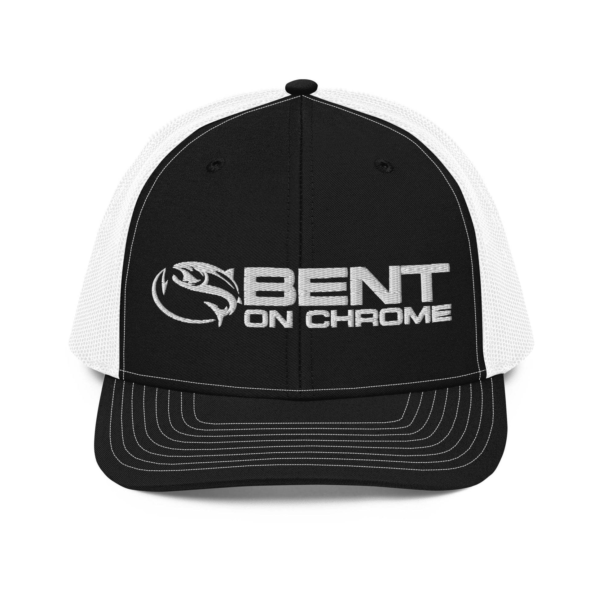 A black and gray Bent on Chrome - Richardson 112 Trucker Cap with Puffer Embroidery featuring the logo "bent on chrome" with a stylized wing design on the front panel. The cap has a mesh back, an adjustable snap