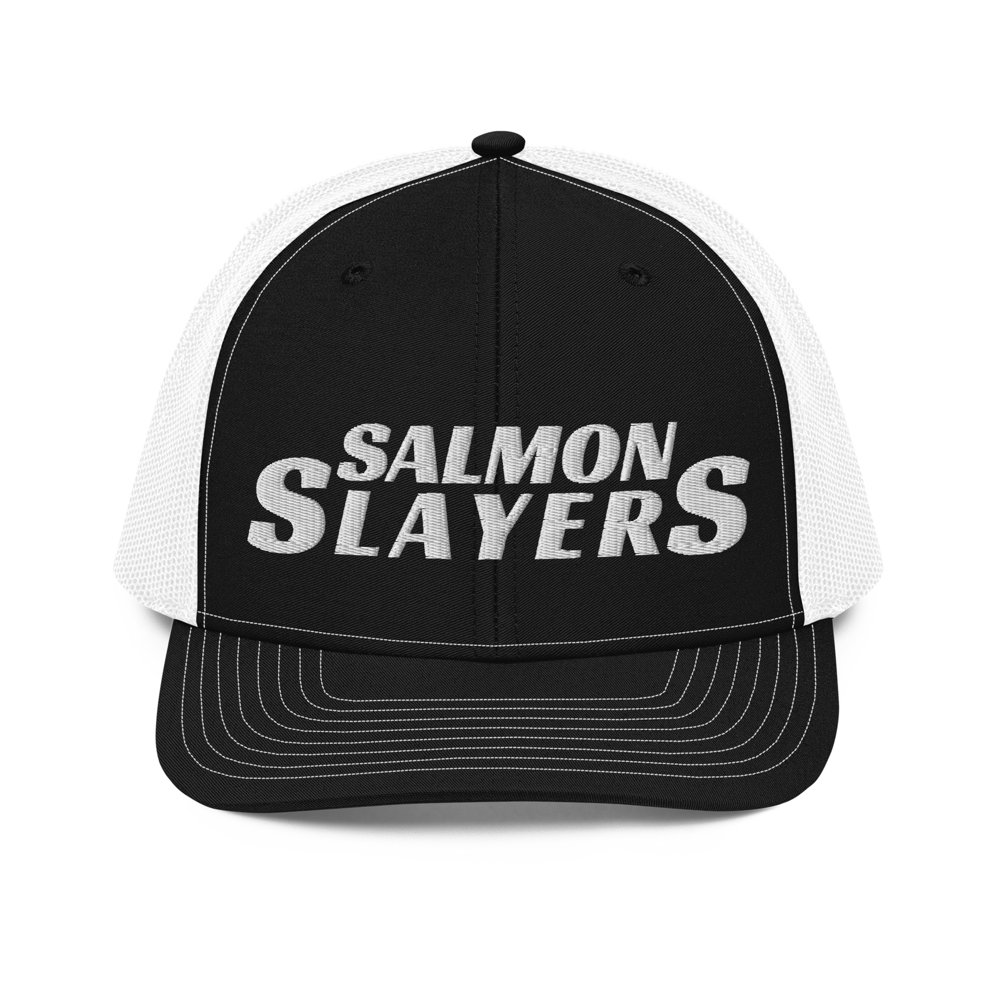 A black and gray mesh Salmon Slayers - Richardson 112 - trucker cap with the words "salmon slayers" embroidered in bold, white letters across the front.