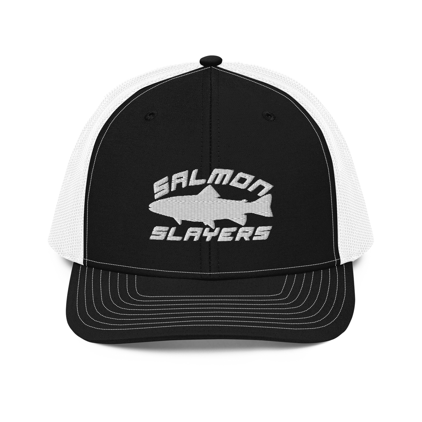 A Salmon Slayers - Sport - Richardson 112 - Trucker Cap with the text "SALMON SLAYERS" embroidered in white on the front. Above the text, there is an outline of a salmon fish. The cap features stitching details on the brim and offers a structured fit. The background is solid black.