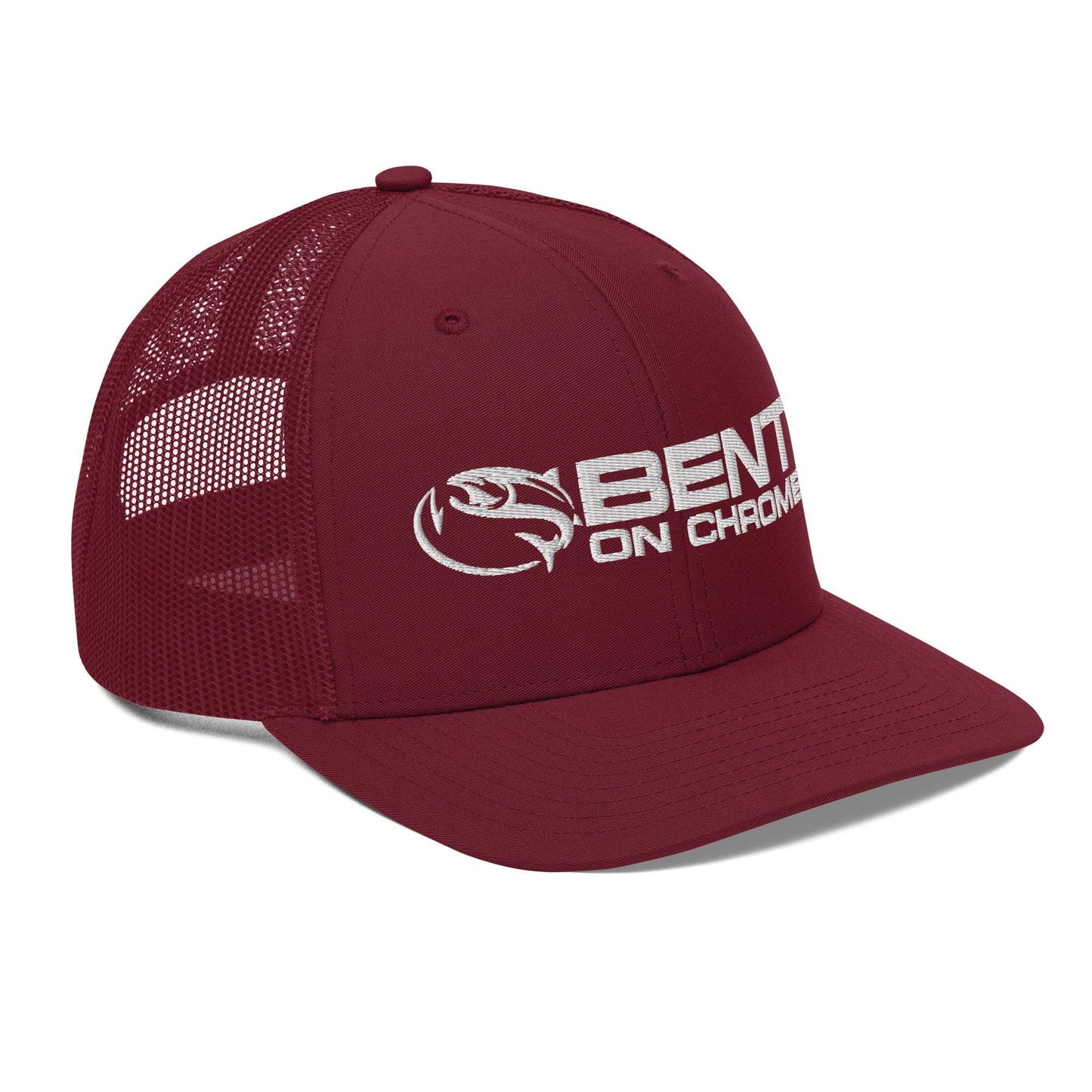 A black and gray Bent on Chrome - Richardson 112 Trucker Cap with Puffer Embroidery featuring the logo "bent on chrome" with a stylized wing design on the front panel. The cap has a mesh back, an adjustable snap