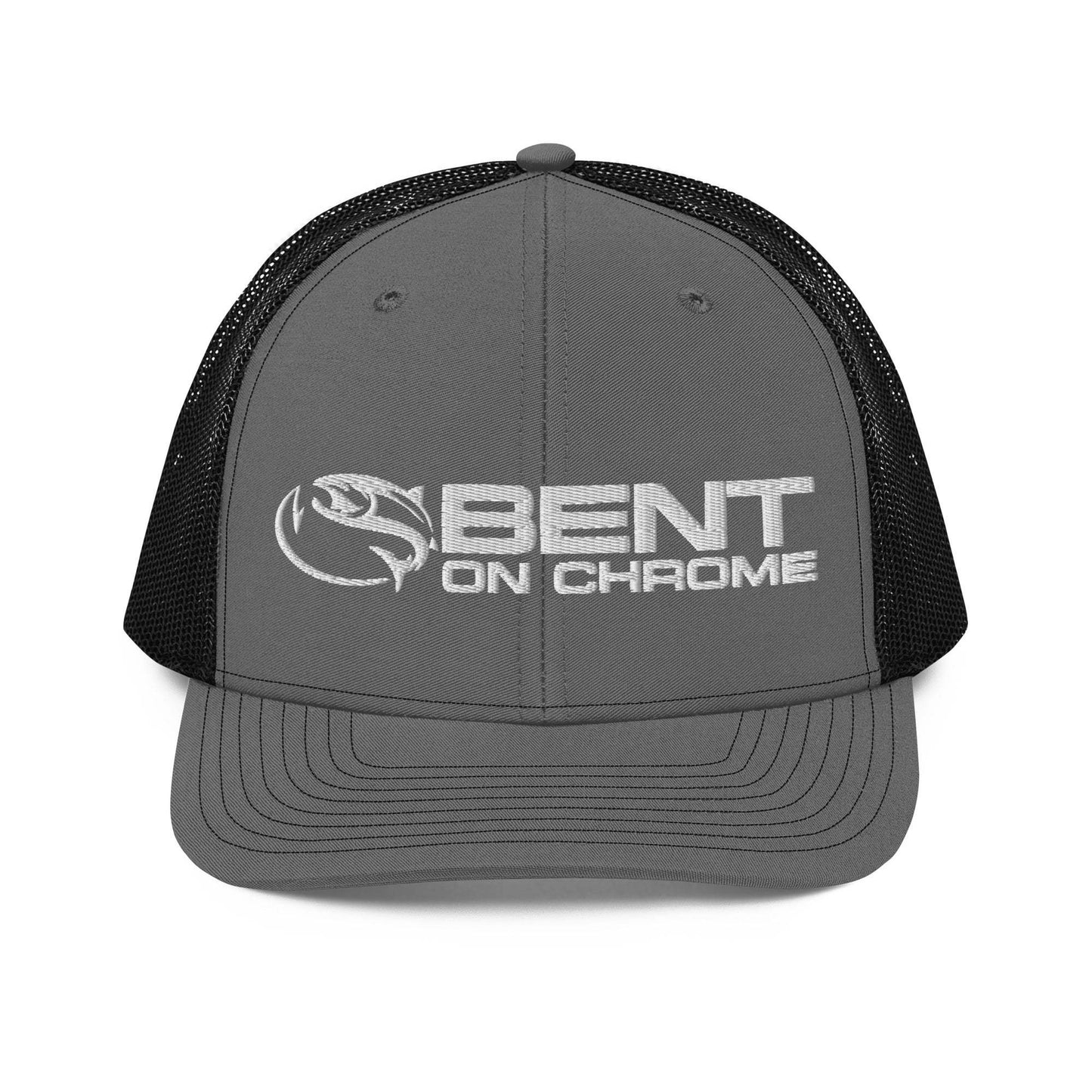 A black and gray Bent on Chrome - Richardson 112 Trucker Cap with Puffer Embroidery featuring the logo "bent on chrome" with a stylized wing design on the front panel. The cap has a mesh back, an adjustable snap