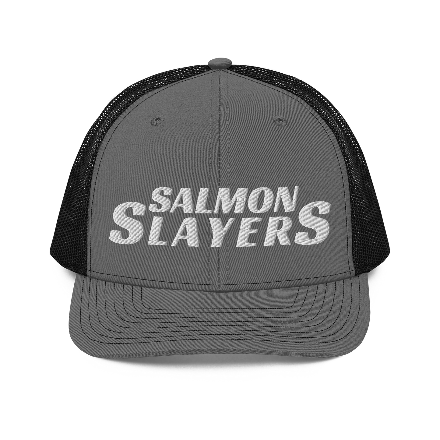 A black and gray mesh Salmon Slayers - Richardson 112 - trucker cap with the words "salmon slayers" embroidered in bold, white letters across the front.