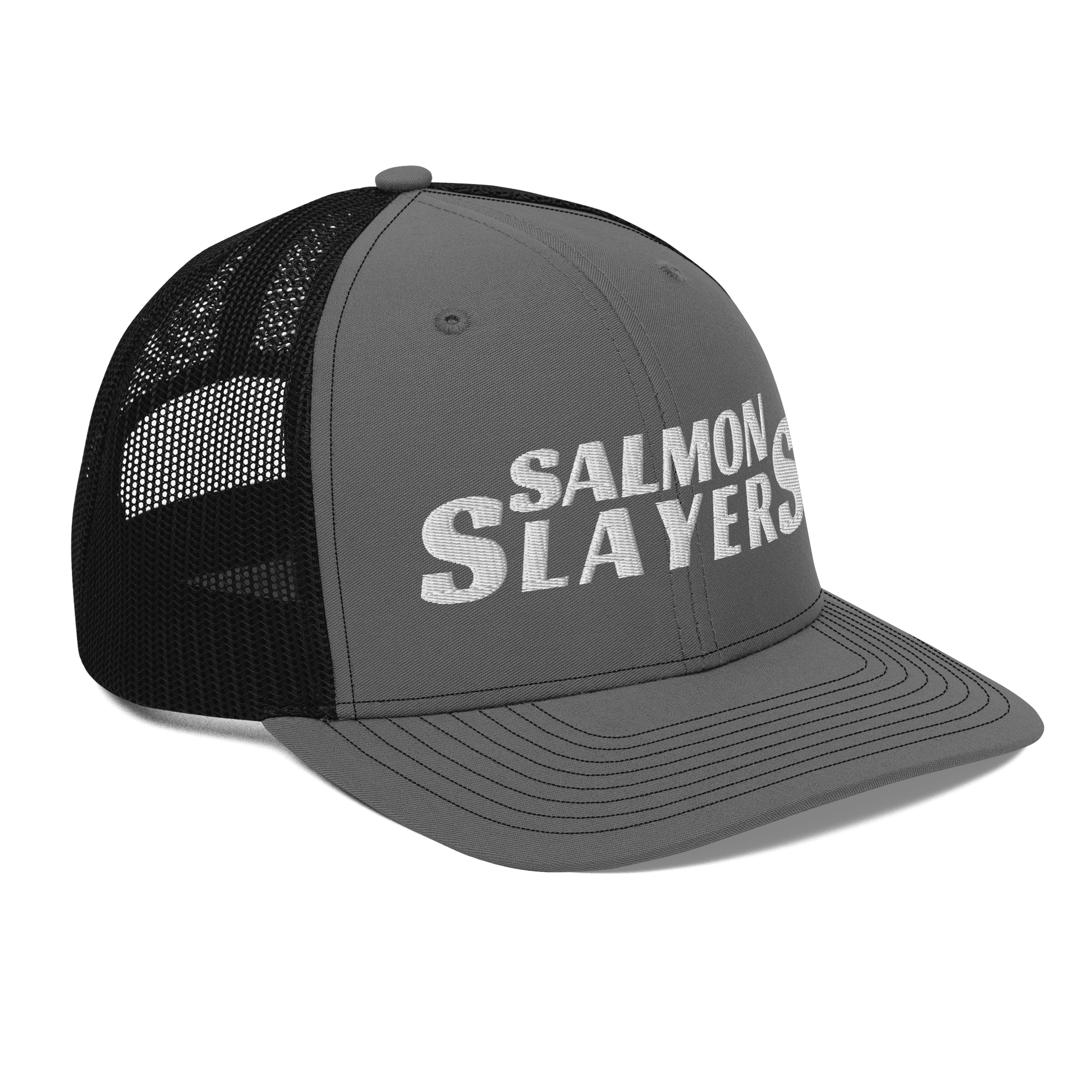 A black and gray mesh Salmon Slayers - Richardson 112 - trucker cap with the words "salmon slayers" embroidered in bold, white letters across the front.