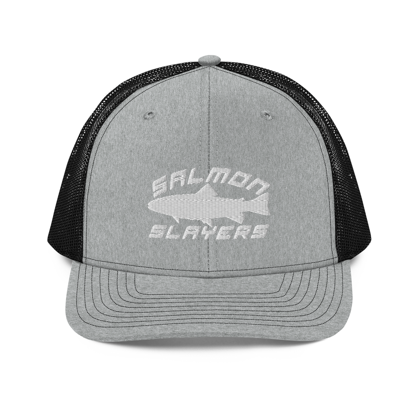 A Salmon Slayers - Sport - Richardson 112 - Trucker Cap with the text "SALMON SLAYERS" embroidered in white on the front. Above the text, there is an outline of a salmon fish. The cap features stitching details on the brim and offers a structured fit. The background is solid black.