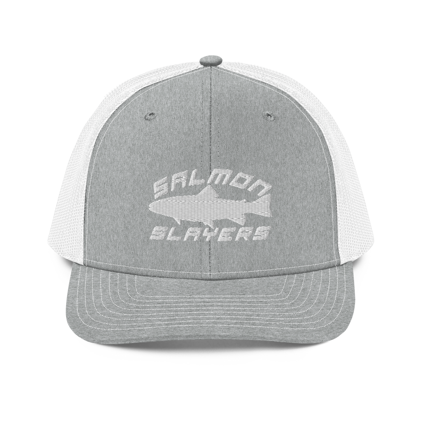 A Salmon Slayers - Sport - Richardson 112 - Trucker Cap with the text "SALMON SLAYERS" embroidered in white on the front. Above the text, there is an outline of a salmon fish. The cap features stitching details on the brim and offers a structured fit. The background is solid black.