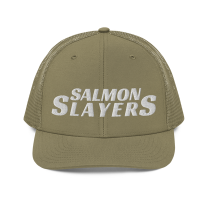 A black and gray mesh Salmon Slayers - Richardson 112 - trucker cap with the words "salmon slayers" embroidered in bold, white letters across the front.