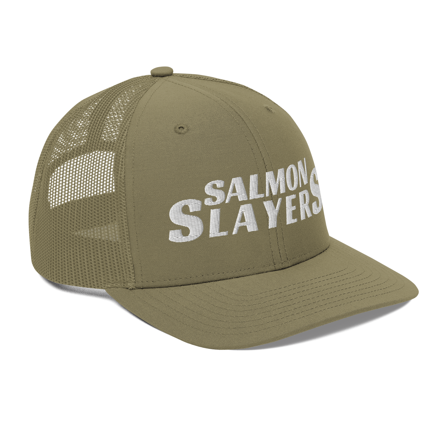 A black and gray mesh Salmon Slayers - Richardson 112 - trucker cap with the words "salmon slayers" embroidered in bold, white letters across the front.