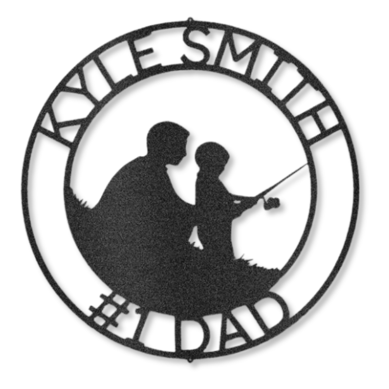 Father and son fishing monogram laser-cut steel sign customizable with family name.