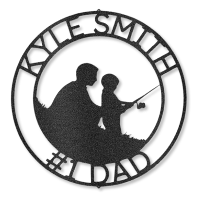 Father and son fishing monogram laser-cut steel sign customizable with family name.