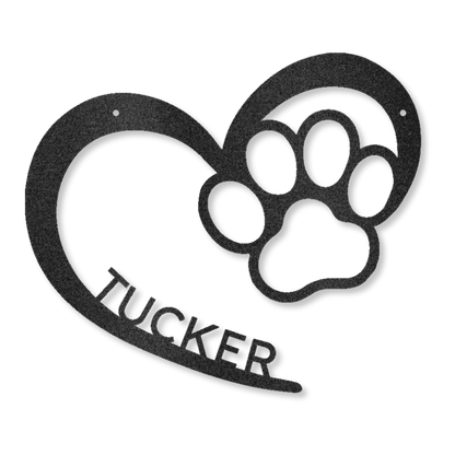 Customizable laser-cut steel sign featuring a heart and dog paw design with monogram space.