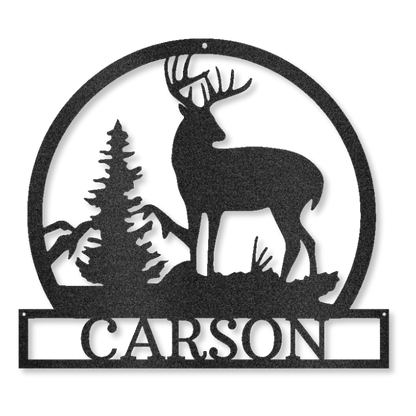 Outdoor Buck Monogram customizable laser-cut steel sign with buck, tree, and mountain silhouette.