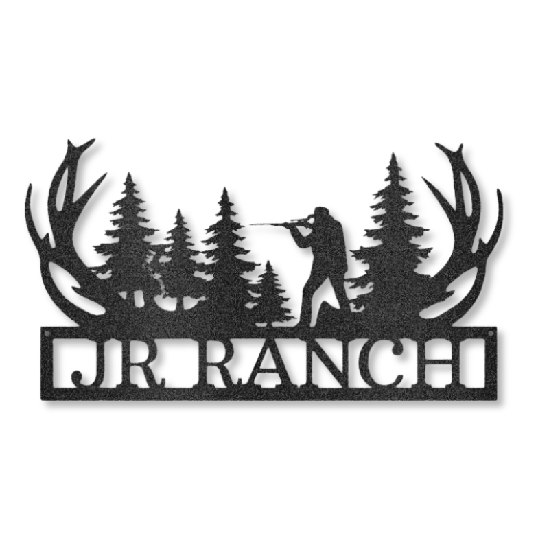 Customizable laser-cut steel sign with hunter silhouette and antler design.