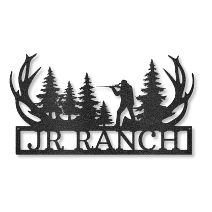 Customizable laser-cut steel sign with hunter silhouette and antler design.