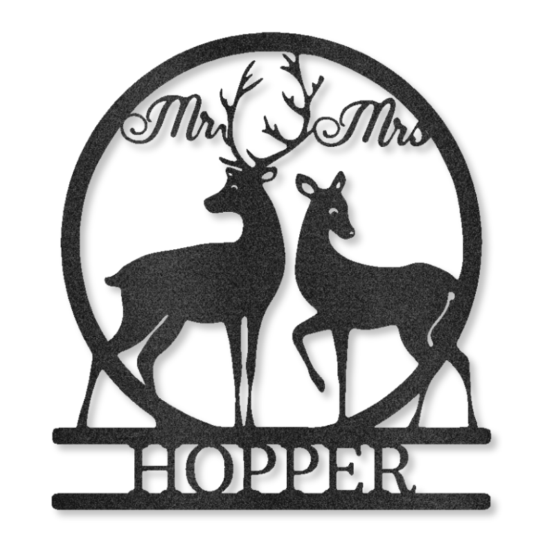 Customizable laser-cut steel sign featuring a buck and doe monogram for Mr. and Mrs.