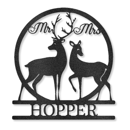 Customizable laser-cut steel sign featuring a buck and doe monogram for Mr. and Mrs.