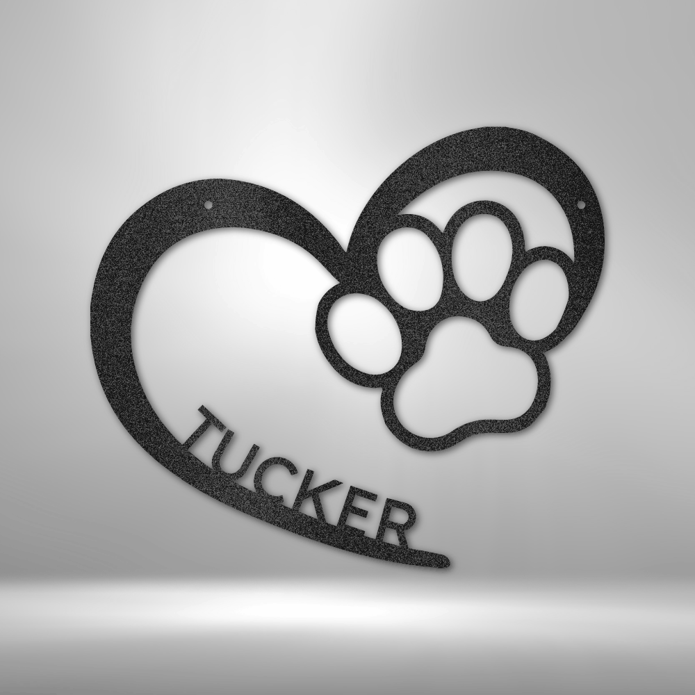 Puppy Love Monogram customizable laser-cut steel sign featuring heart and dog paw design with space for personalization.