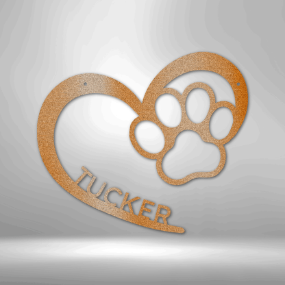 Customizable laser-cut steel sign featuring a heart and dog paw design for personalization.